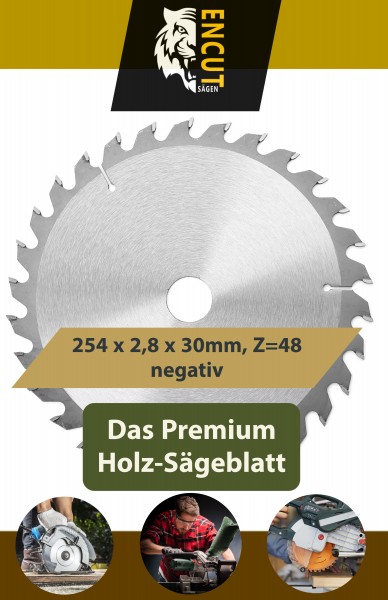 254 x 2,8 x 30mm, Z=48 negativ WZ Premium Holz Kreissägeblatt